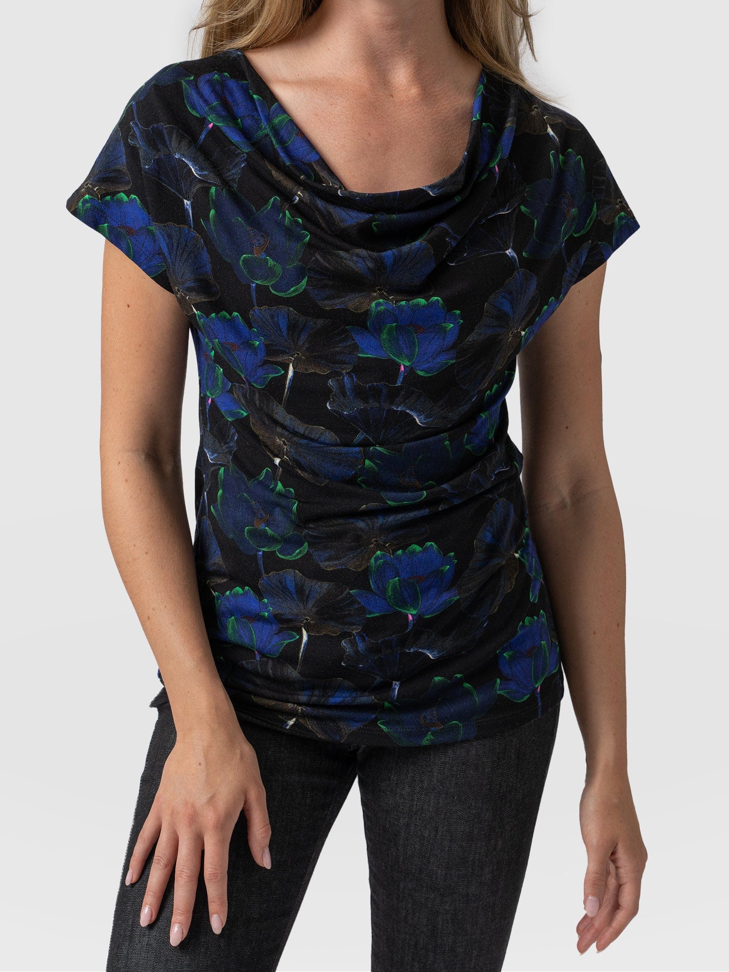 Cowl Neck Tee Blue Flora - Women's T-Shirts | Saint + Sofia® USA